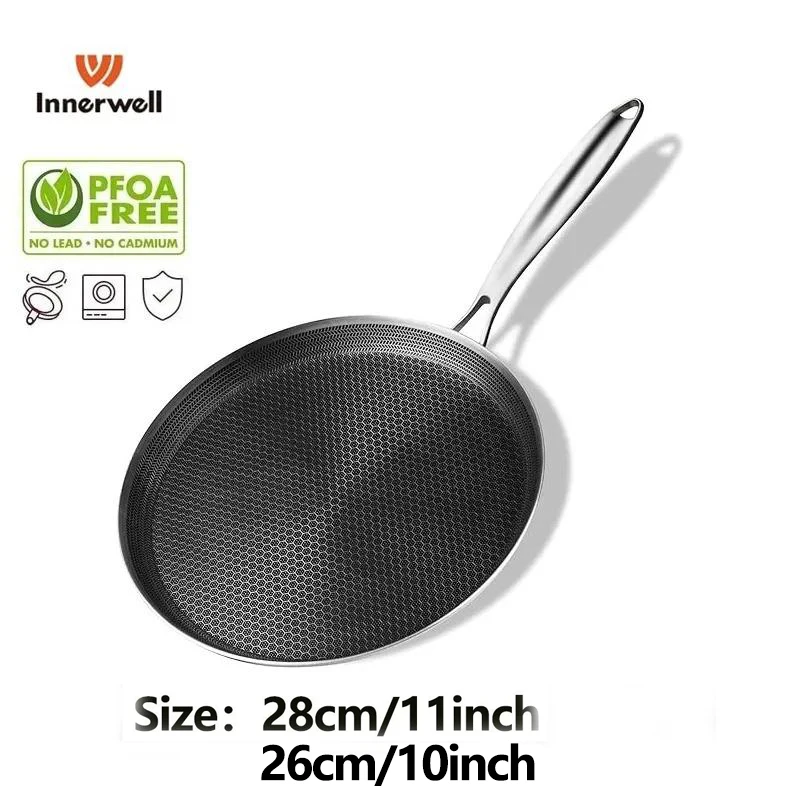 

Innerwell Stainless Steel Frying Pan 10/11inch Nonstick Anti-scald Handle Omlette Pot Breakfast Pizza Steak Burger Cook Utensils