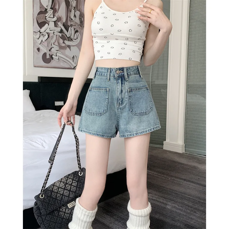American Style Fashion High Waisted Denim Shorts Loose Retro Wide Leg A-line Hot Pants 2025 Summer New Thin Women's Shorts
