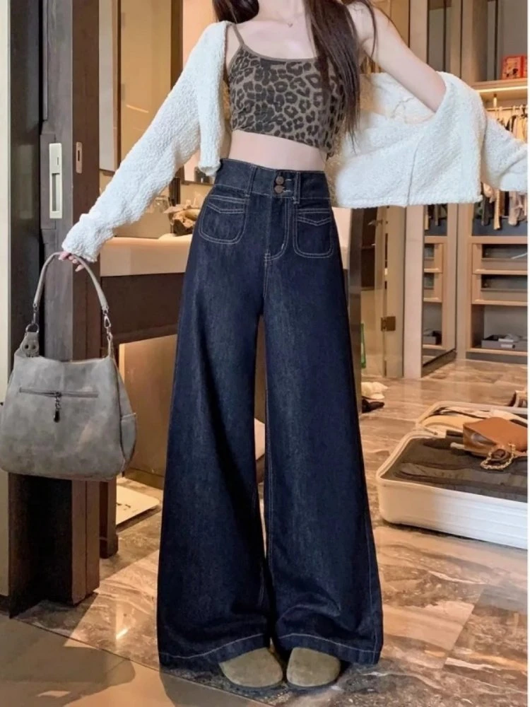 

American Retro Blue Jeans High Waist Straight Leg Wide Leg Floor Length Pants Spring Design Women's Loose Fit Trousers