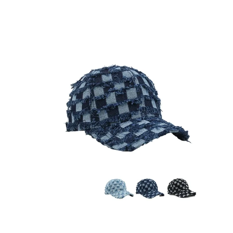 Checkerboard Grids Denim Baseball Cap For Women Wide Brim Deepens Head Circumference Hard-top Peaked Cap For Men Trendy