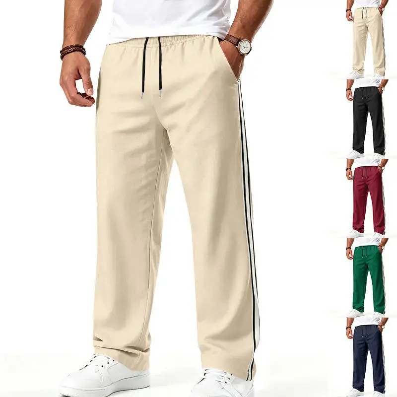Loose Fitness Sports Men's Drawstring Color Block Weave Belt Straight Leg Long Pants Summer Casual Trousers for Running