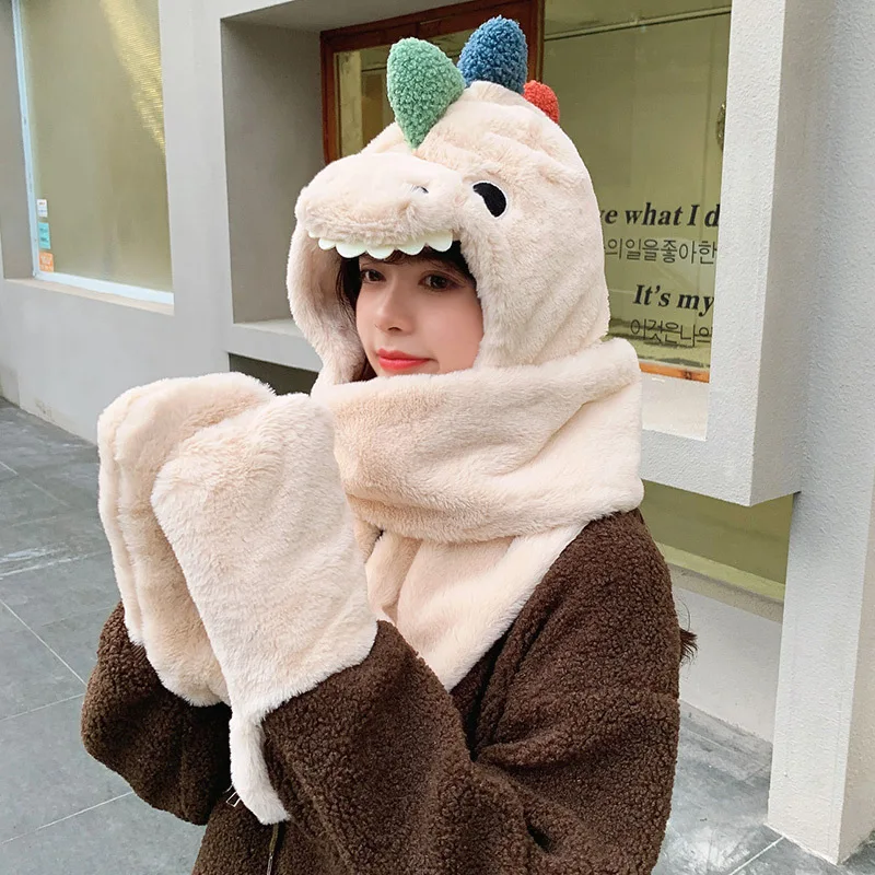 New One-piece Scarf Outdoor Plush Gloves Outdoor Hats Dinosaur Beanie Hat Female Winter Funny Cute Knitted Woolen Warm Hats