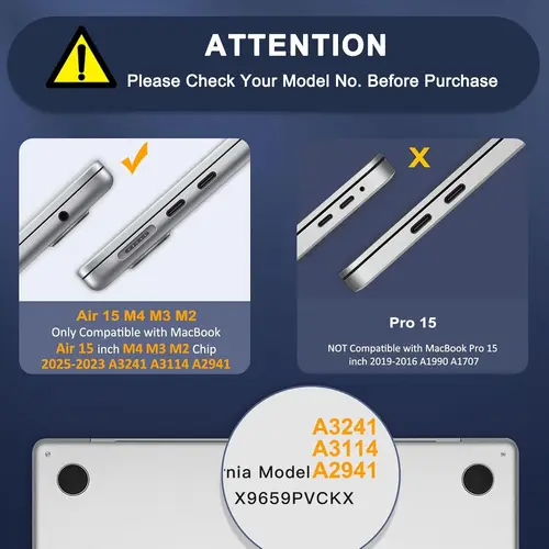 Imagen 2 del producto Funda rígida para MacBook Air de 15 pulgadas, modelos 2026, 2025-2023, M5, M4A3241, M3A3114, M2 A2941, cubierta rígida para portátil Air de 15''.