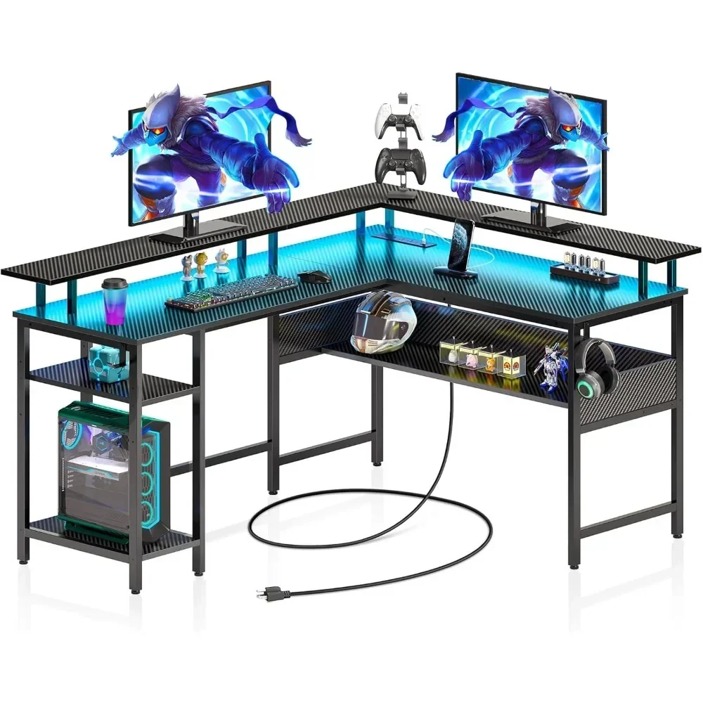 

Computer Desk 56.7" with LED Lights and Power Outlets, Carbon Fiber Surface, Reversible L Shaped Gaming Desk with Monitor Stand