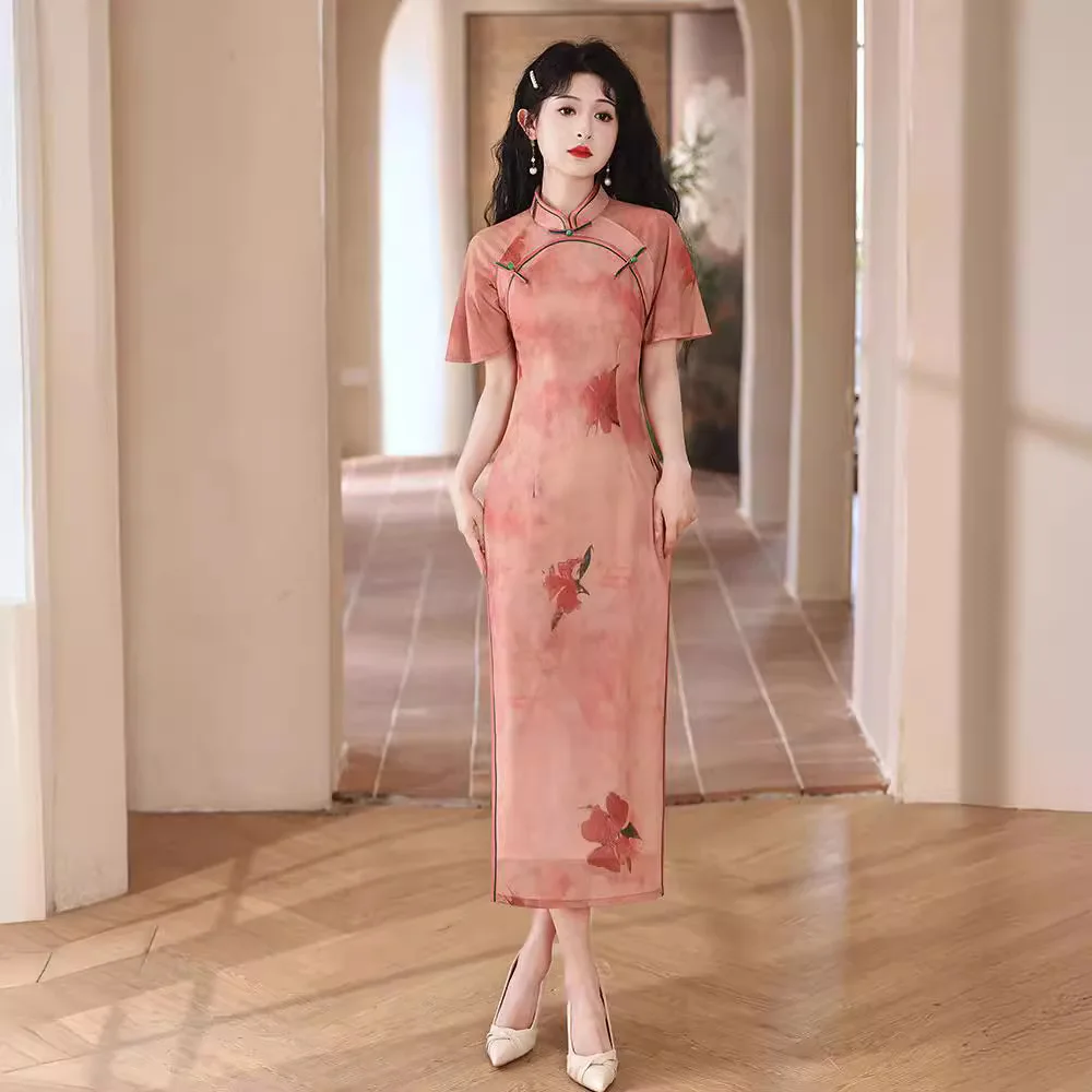 

2024 Pink Floral Cheongsam Women New Improved Qipao Short Sleeve Vintage Style Fashion New Chinese Style Long Dresses High-end