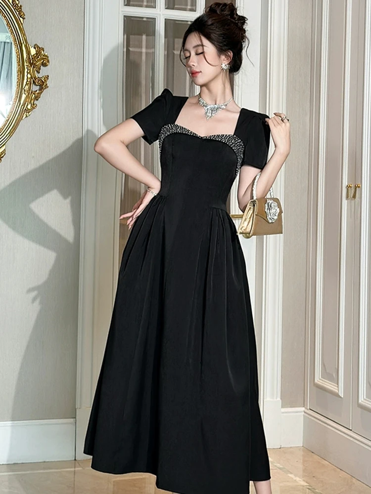 Rétro élégant noir été dames strass Maxi Robe à manches courtes Robe formelle Robe de soirée nouveau Vestido vêtements pour femmes