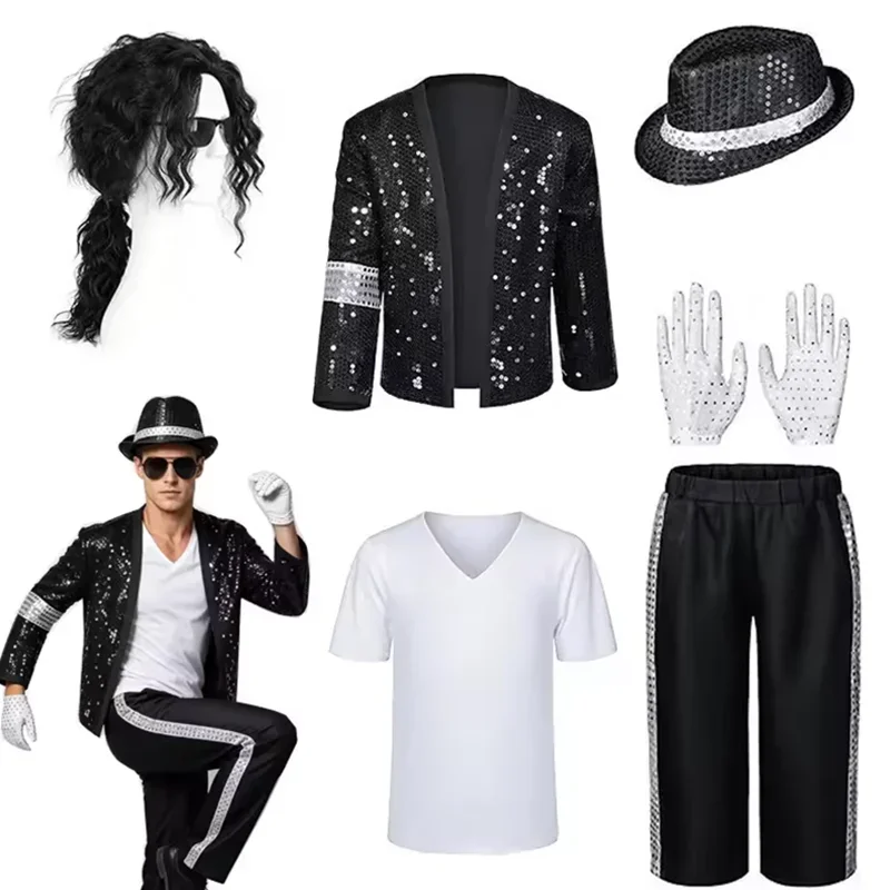 Disfraz de Halloween para hombre, estilo años 80 y 90, inspirado en la estrella del pop Michael Jackson, disfraz de cosplay, peluca, atuendo para actuaciones en el escenario, baile hip-hop, para adultos.