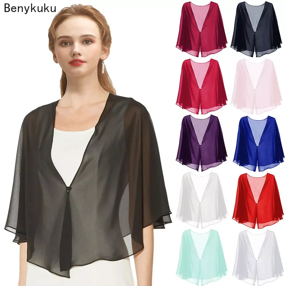 Women Black Chiffon Bolero Thin Shawl Prom Party V-neck Shrug Cardigan Elegant Casual Capes for Lady Evening Dress Arm Cover