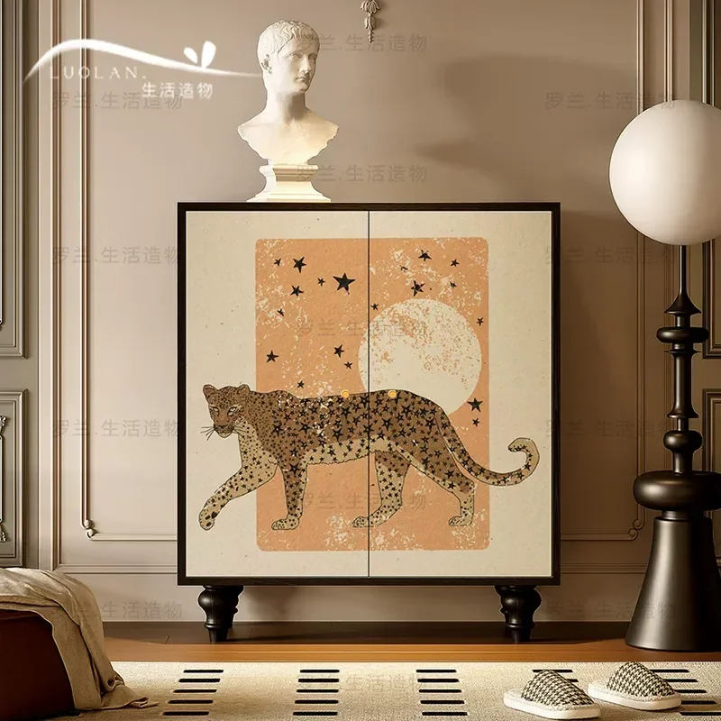 Niche Leopard Print Solid Wood Shoe Cabinet Household Shoe Rack Free Installation Storage Decorative Cabinet for Living Room