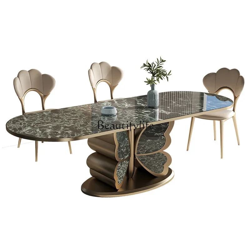 

LJY*Luxury stone marble dining table high-end modern simple rectangular Italian rock slab microcrystalline stone