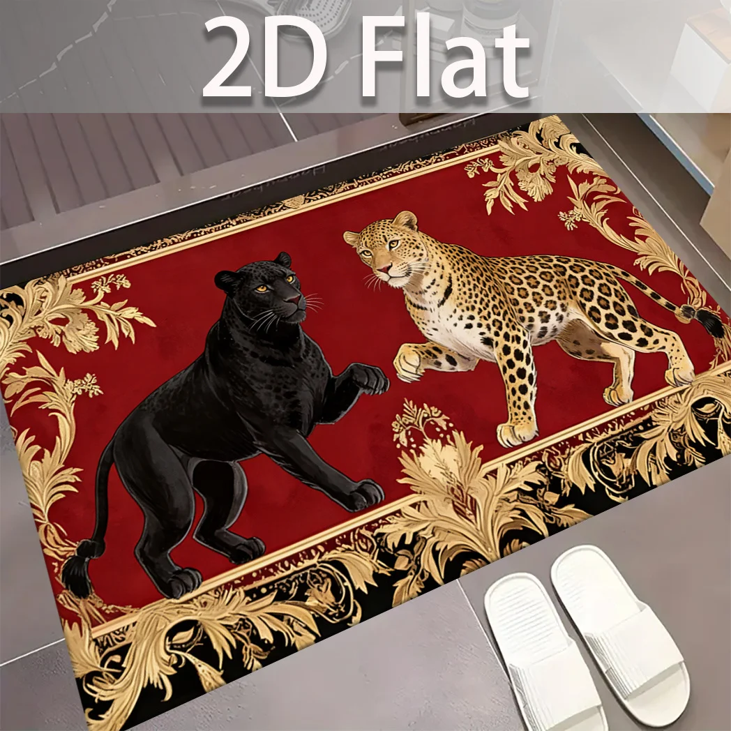 2D Flat Double Leopard Golden Pattern Printed Mat, Household Non-Slip Doormat, Universal Mat for Entryway, Foyer, Hallway, Back