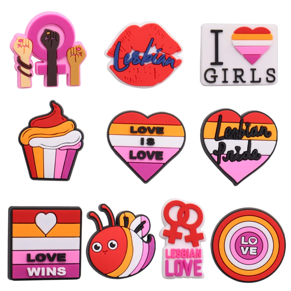 Mix 50pcs PVC Heart Fist Girl Cupcake Love Wins Lesbian Pride Pink Shoe Charms Buckle Hole Shoes Ornaments Slipper Decoration