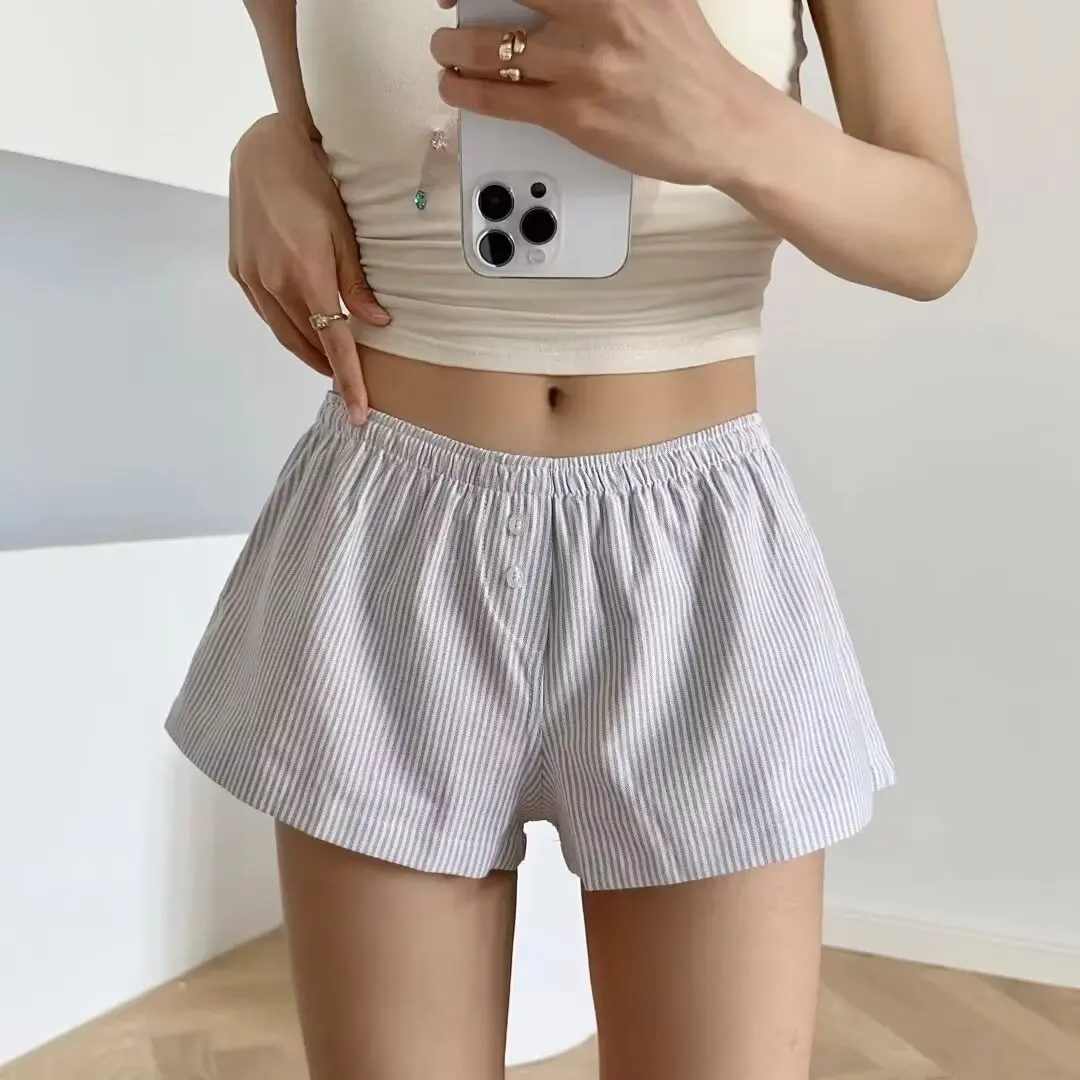 الأمريكية BM Sle مخطط زر منخفضة الخصر واسعة الساق ort السراويل النساء الصيف مريحة عارضة المنزل بوت تنوعا السراويل الساخنة #4