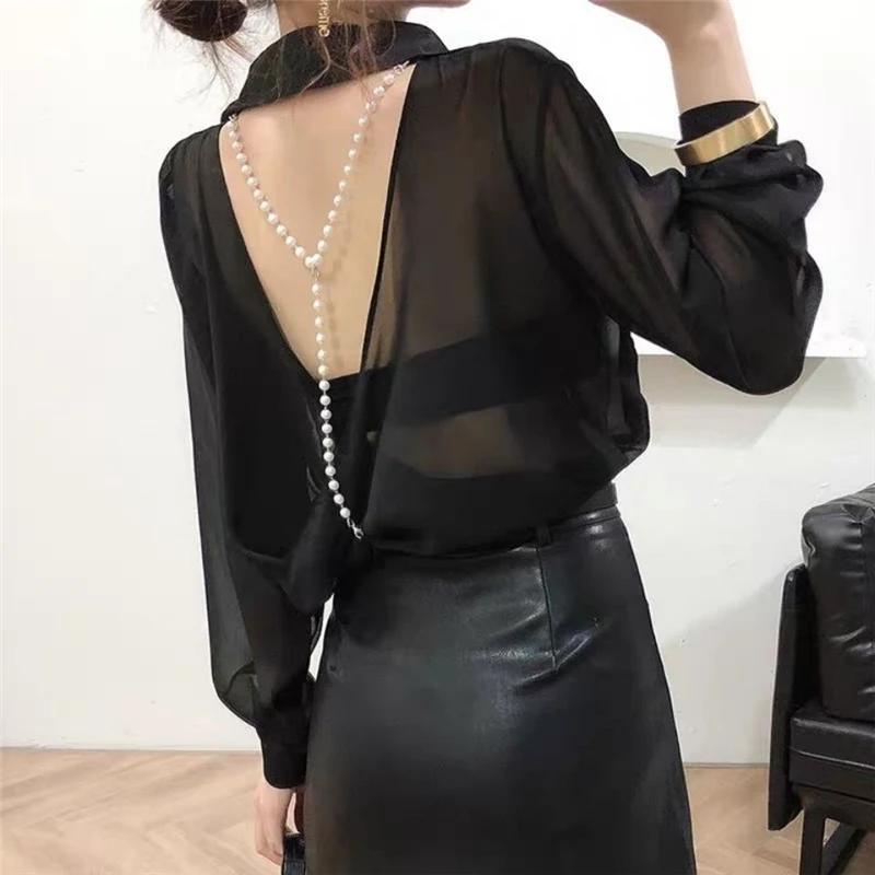 Korean Fashion Chiffon Turn Down Collar Black White Sunscreen Blouse Women Sexy Backless See Through with Beads Button Up Shirts