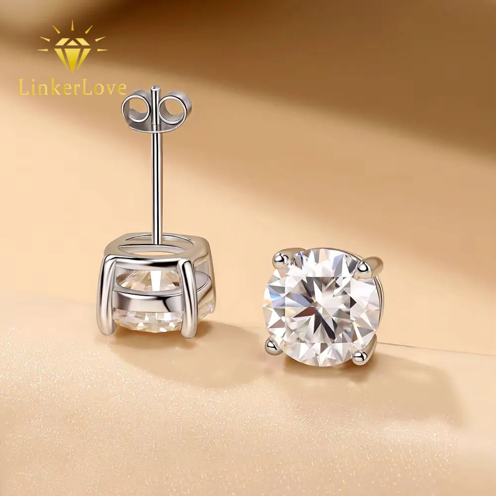 

LinkerLove S925 Silver Gold Plated 1/2/3CT Moissanite Solitaire Stud Earrings Trendy Jewelry Gift for Her Women Diamond Earrings