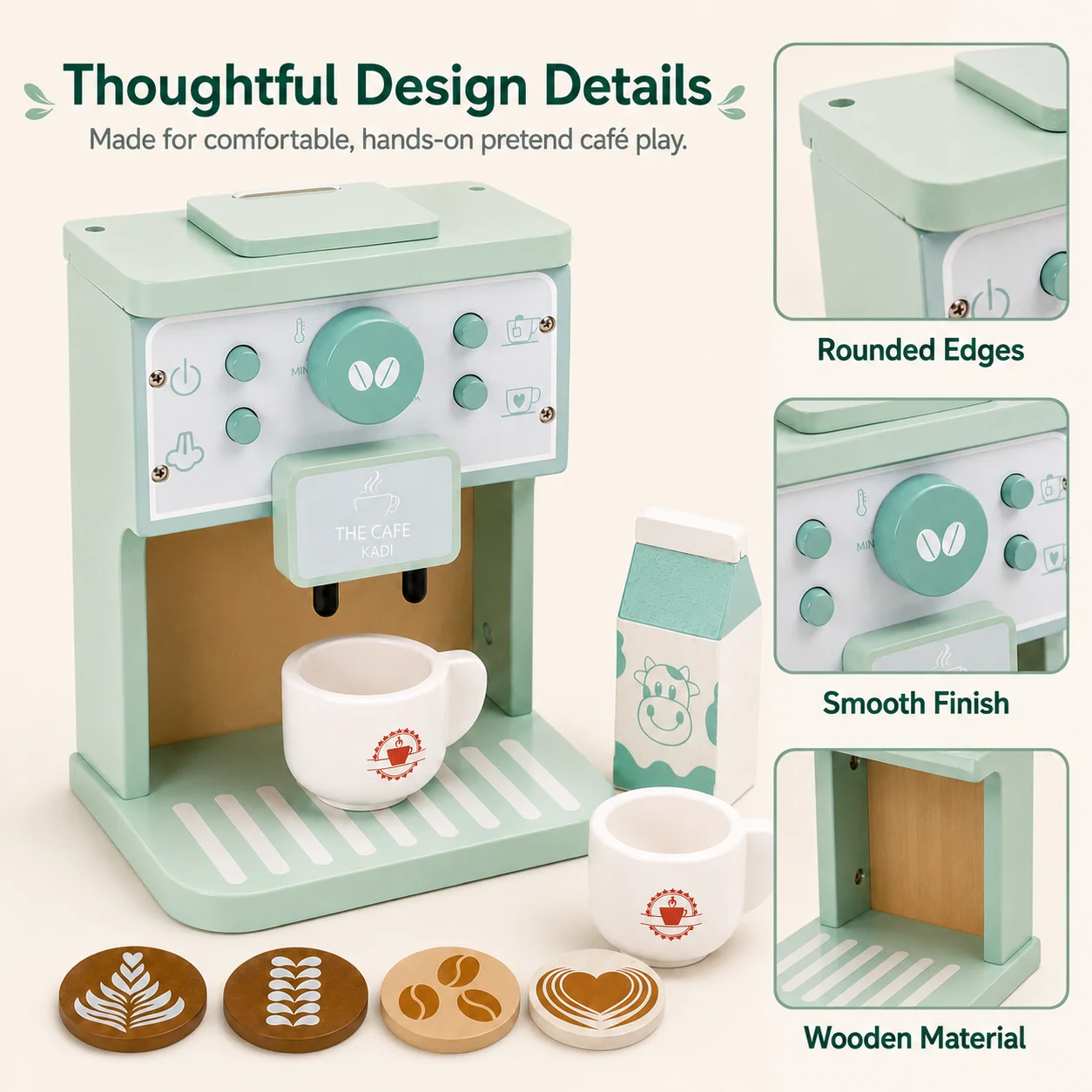 Wooden Coffee Maker Toy for Kids Pretend Play Kitchen Montessori Espresso Machine Barista Set Toddler Girls Birthday Gift 3+