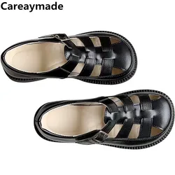 Careaymed-nowe letnie wydrążone małe skórzane buty, artystyczne płaskie oddychające buty z klatką dla świń, damskie sandały retro