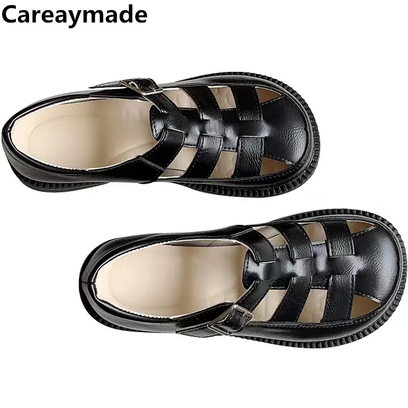 Careaymade-New Summer hollow out small leather shoes,artistic round toe flat  breathable pig cage shoes,retro women's sandals