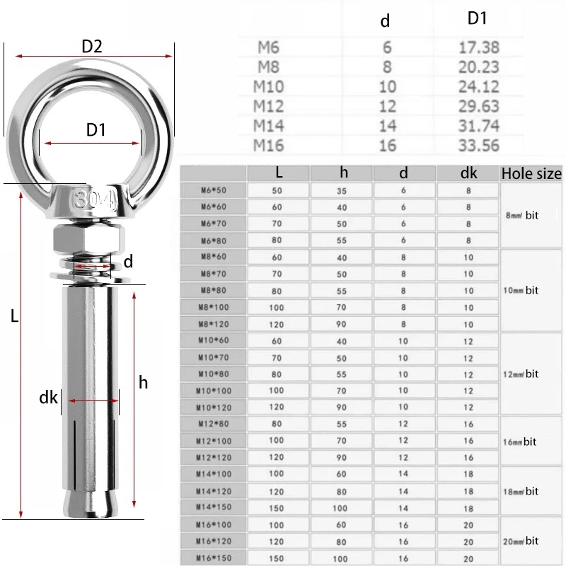 2/5/10pcs 304 Stainless Steel Sleeve Anchor Concrete Expansion Eye Bolt M6 M8 M10 M12-M20 Long Universal Ring Expansion Screws