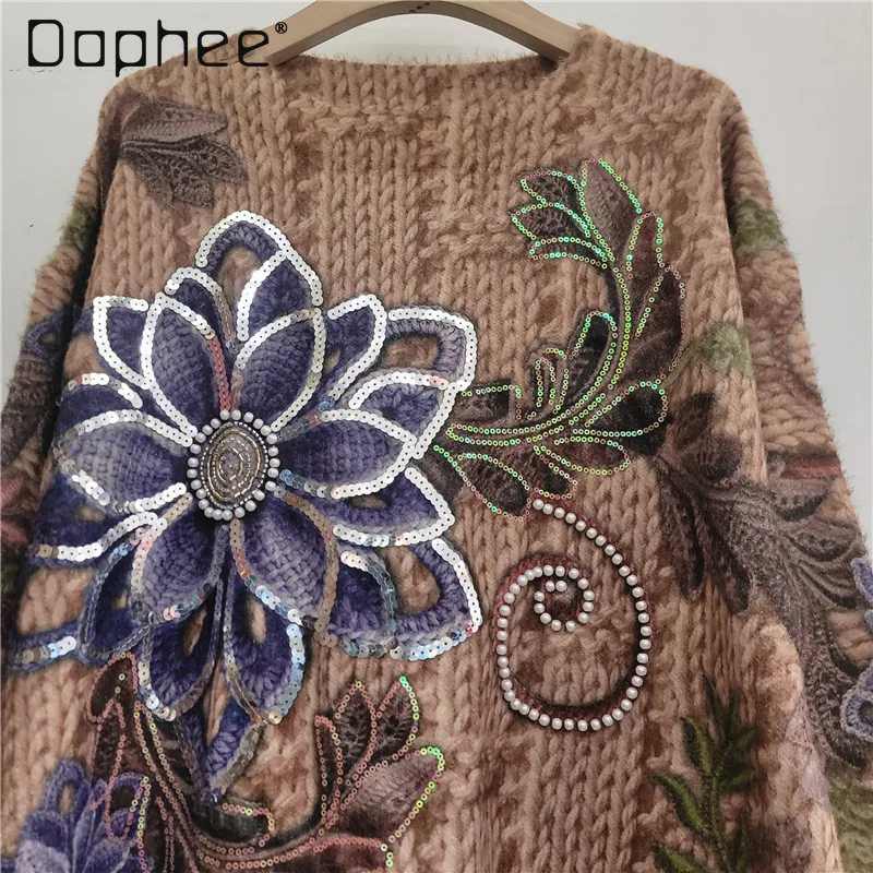 

European American Fashion Retro Printed Beaded Sequin Embroidered Loose Oversized Knitted Long Sleeve Sweater Women Autumn