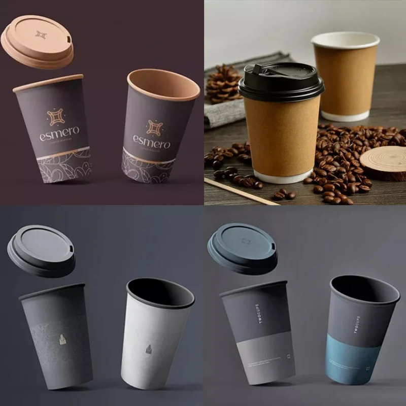 Juego de tazas de café de papel de cartón desechables, producto personalizado con tapas, vasos de doble pared de ondulación Individual caliente reciclable, compostable cu