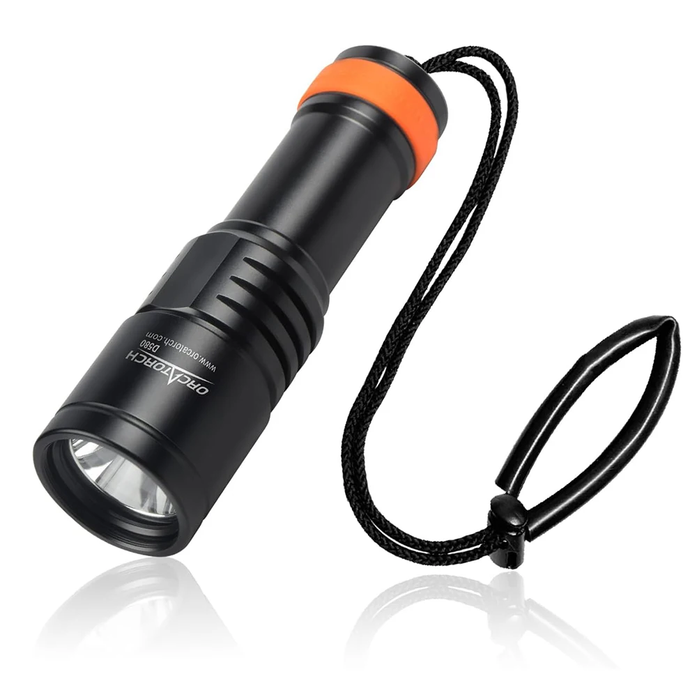 OrcaTorch D580 Scuba Diving Flashlight Underwater Lantern Powered by 18650 Battery Professional Lamp for Diving LED Torch Light