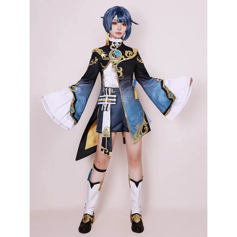 【Wetrose】 متوفر في المخزون أزياء Xingqiu SSR التأثيرية Genshin Impact Xing Qiu مجموعة كاملة من الشعر المستعار لعيد الهالوين وعيد الميلاد