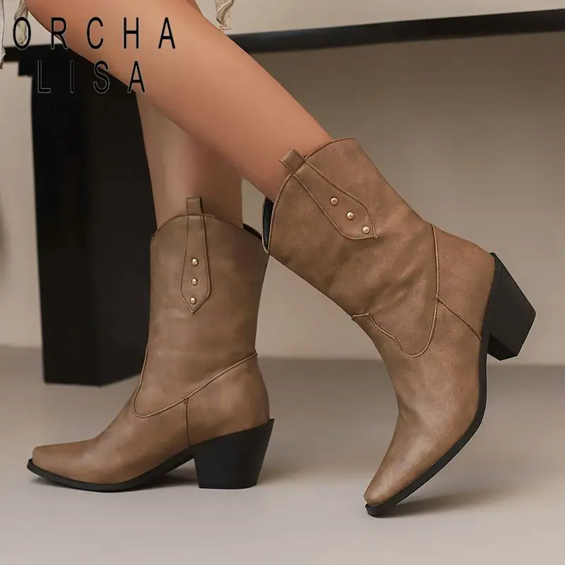 

ORCHA LISA Ретро женские ботинки в стиле вестерн с квадратным носком на массивном каблуке 6,5 см, без шнуровки с заклепками, большие размеры 44 45 US14 Обувь для отдыха до середины икры