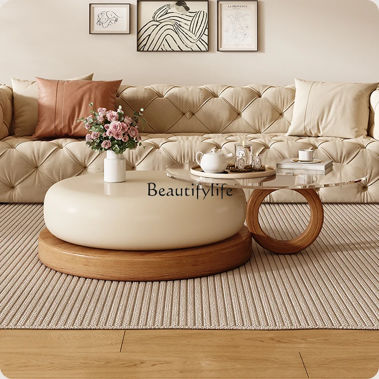 Cream Style Retro French Coffee Table Small Apartment Solid Wood Modern Simple round Tea Table