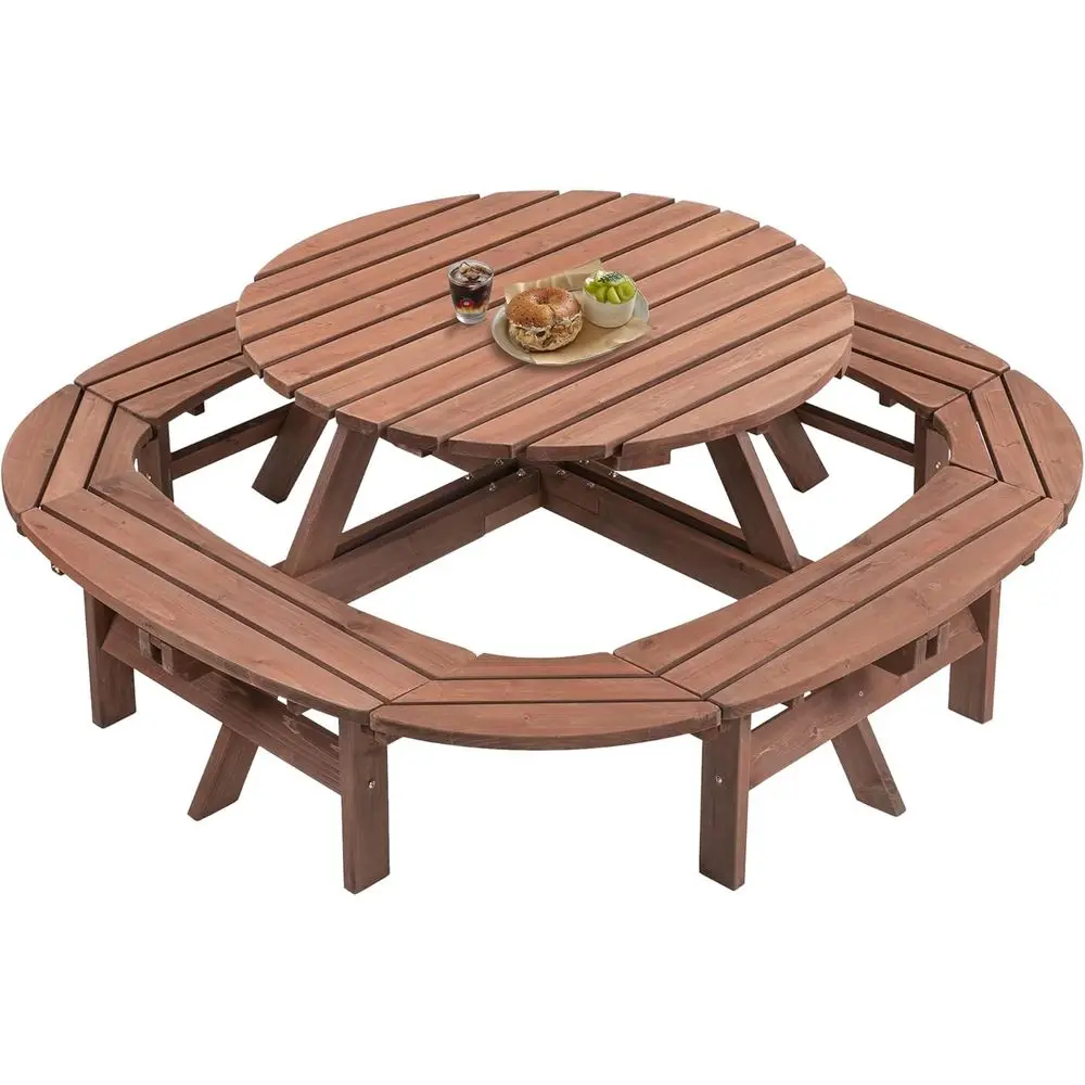

8-12 Seater Round Wooden Picnic Table with Built-in Benches, Umbrella Hole, Ideal for Outdoor, Garden, Patio