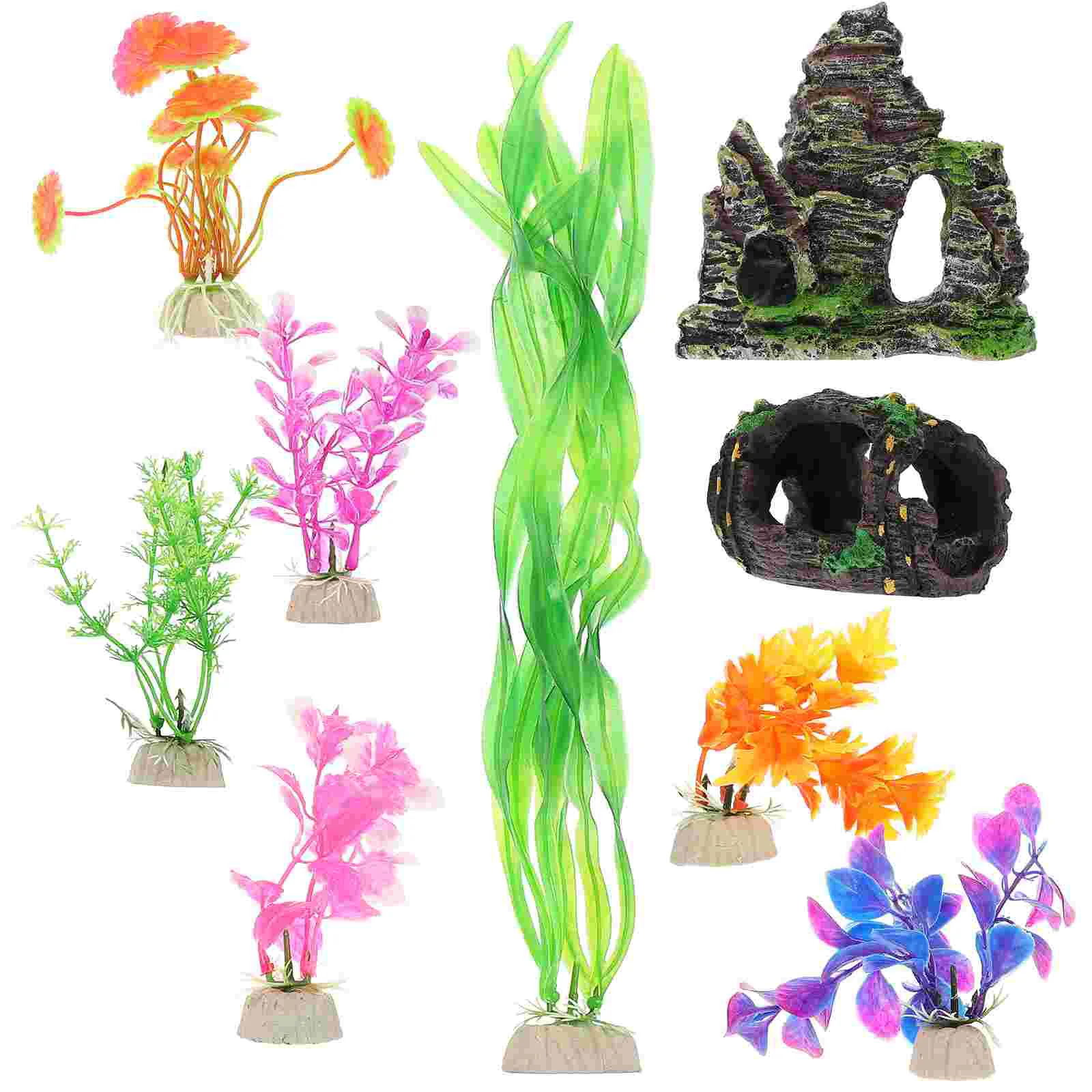 9pcs Simulation Plants Decorative Set for Aquarium Fish Tank Realistic Artificial Plant Model Safe Plastic Material