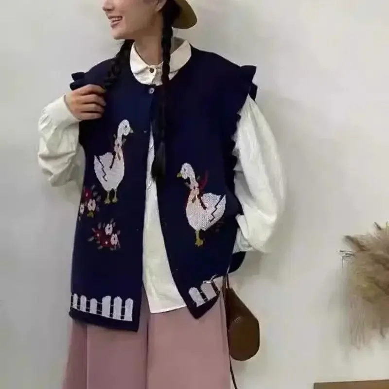 Onalippa Korean Style Vest Artistic Retro Embroidered Wood Ear Edge Cardigan Lazy Prairie Chic Style O Neck Vests Top