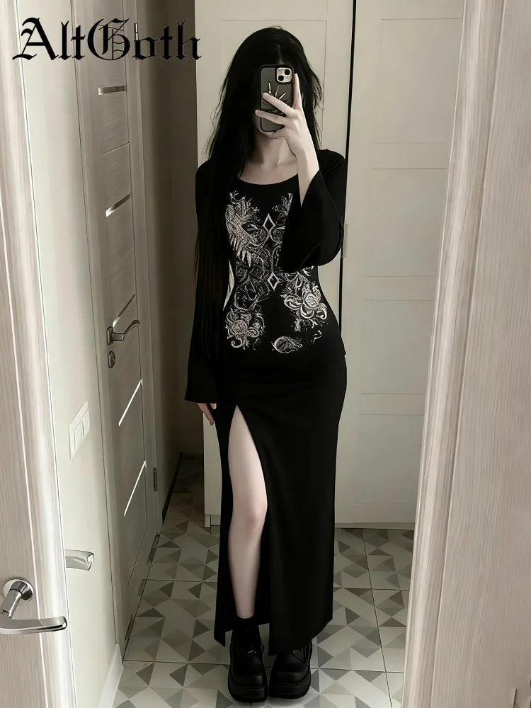 IMU Sexy Streetwear Basic Bodysuit Women Dark Gothic Grunge Harajuku Snake Printed Long Sleeve O-neck Rave Outfits Female