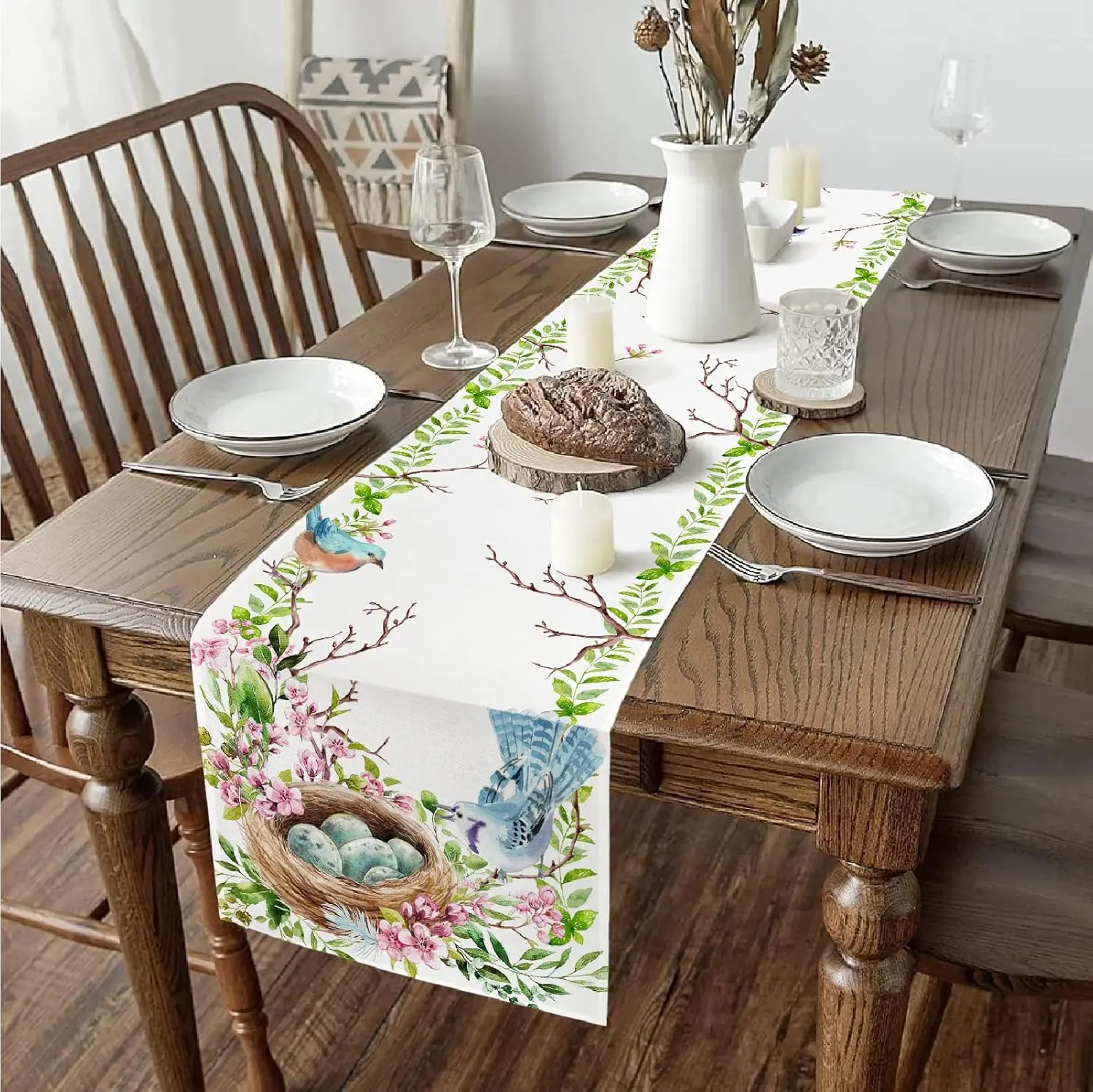 Spring Floral Bird Easter Linen Table Runner Holiday Party Decor Spring Green Leaf Table Runner for Reusable Dining Table Decor