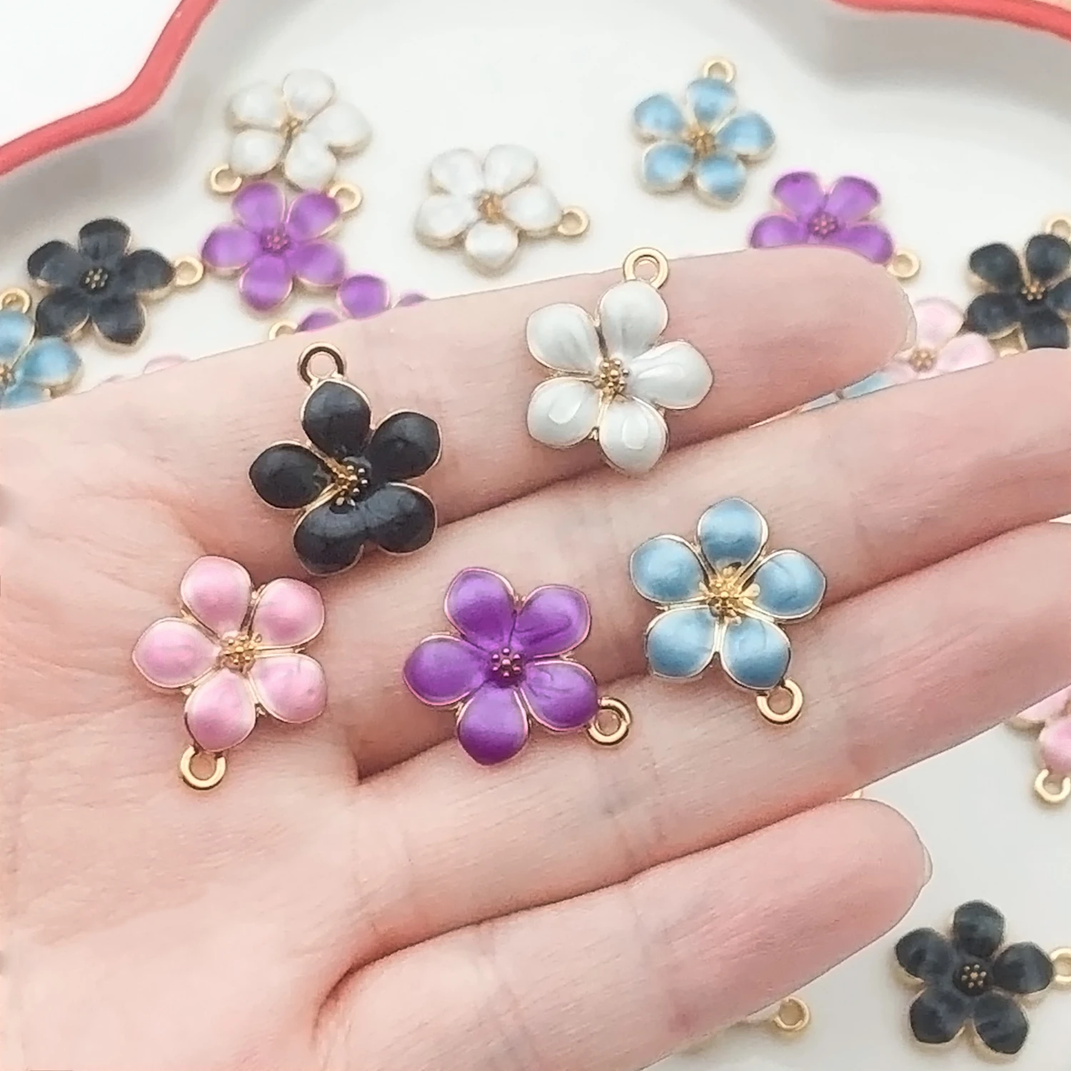 10/40pcs Enamel Cherry Blossom Charm Set – DIY Craft Supplies for Handmade Earrings, Bracelets, Necklaces & Keychain/Bag Accesso
