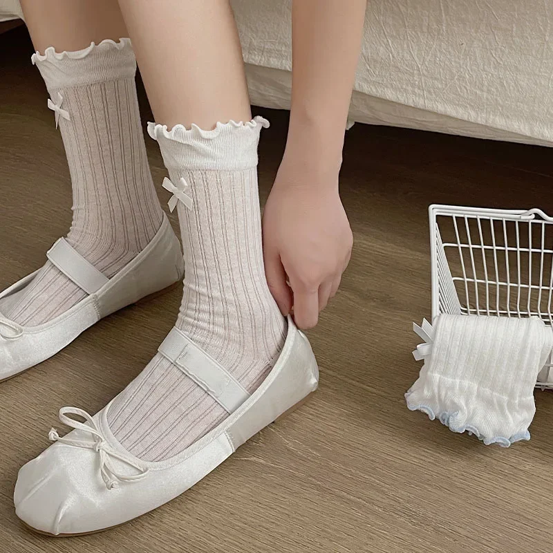 Ballet Style Cute Bowknot Ruffle Edge Pile Socks Women Korean Lolita Middle Tube Socks Thin Breathable Mesh Crew Socks Y2K Sweet
