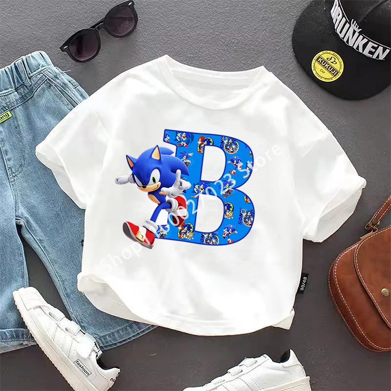 Sonics Child Boys T Shirt Clothes Tops Children's Clothing Cartoon Letter A-Z Summer Cute Cotton Short Sleeve Tee New Kids Gifts