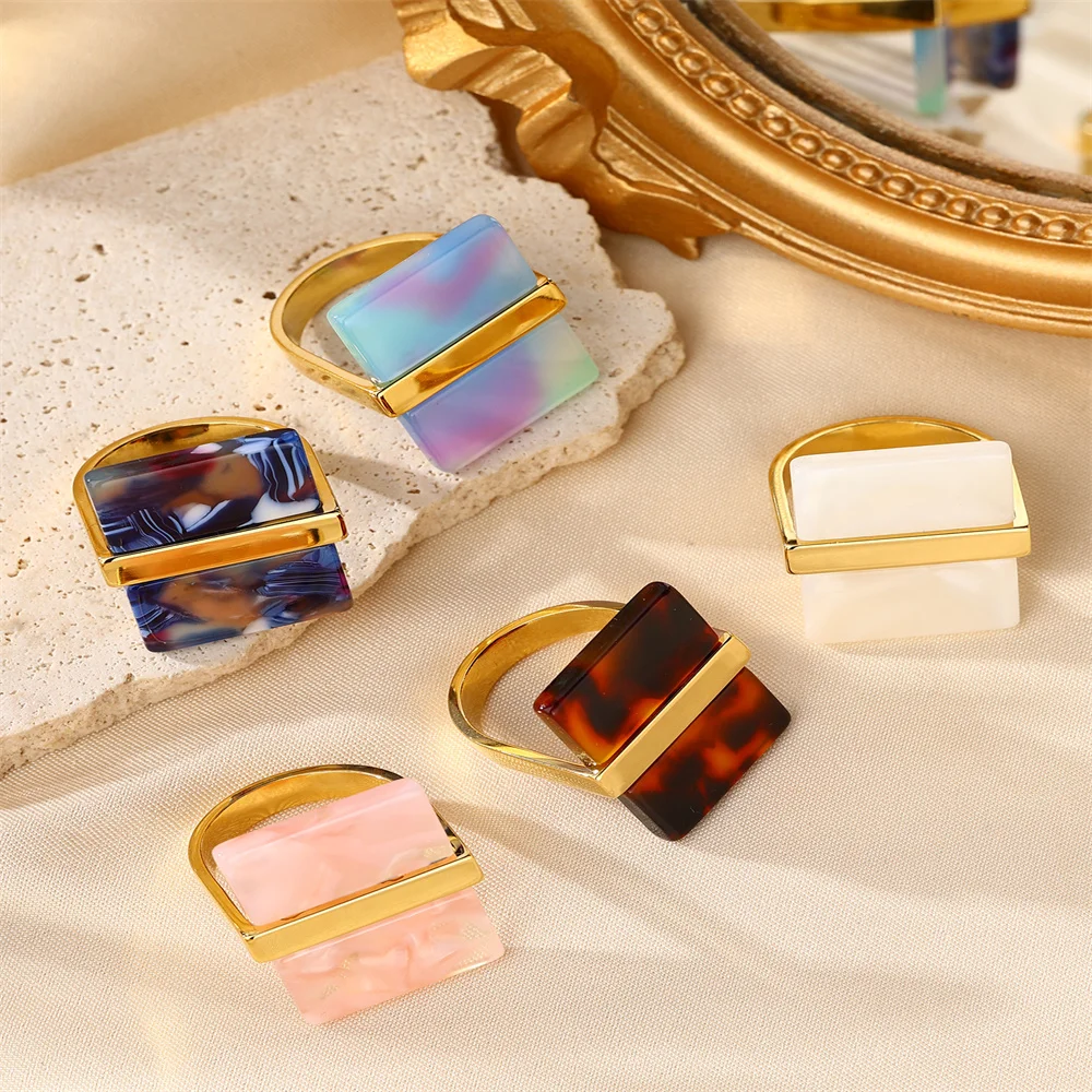 

Fashion Acetic Acid Rings For Women Stainless Steel Rings Simple Square Jewelry Acrylic Material Personalized Jewelry Gifts