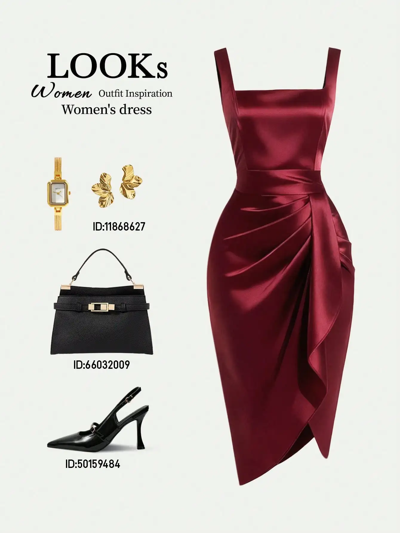 

Бордовое атласное платье миди с квадратным вырезом, драпировкой на талии и асимметричным подолом