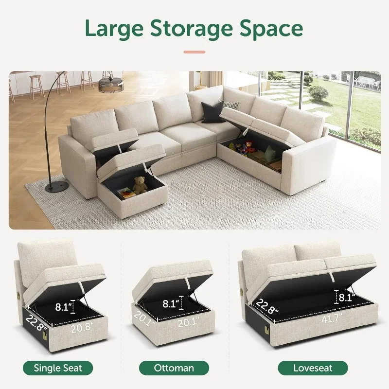 Sofa Tidur Modular dengan tempat tidur yang dapat ditarik keluar, Sofa bersekat-sekat berbentuk U dengan penyimpanan Ottoman Convertible, Sofa 7-tempat duduk, krem