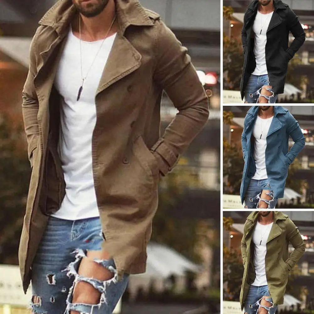 

Men Trench Coat Stylish Men's Slim Fit Mid Length Lapel Coat with Plus Size Pockets Windproof Buttons Breathable for Autumn