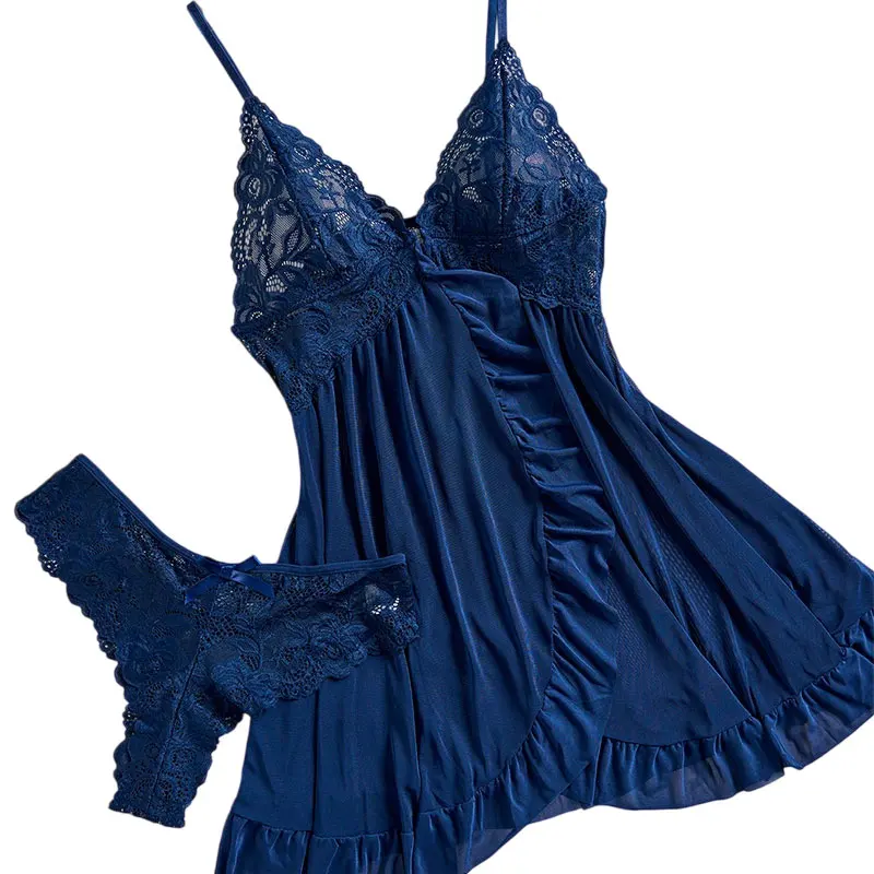 Neckholder Sommerkleid V-Ausschnitt Spitze Tüll Nachthemd Sexy Höschen Damen Pyjamas Plus Size Dessous Zartes Set Ultradünne Homewear
