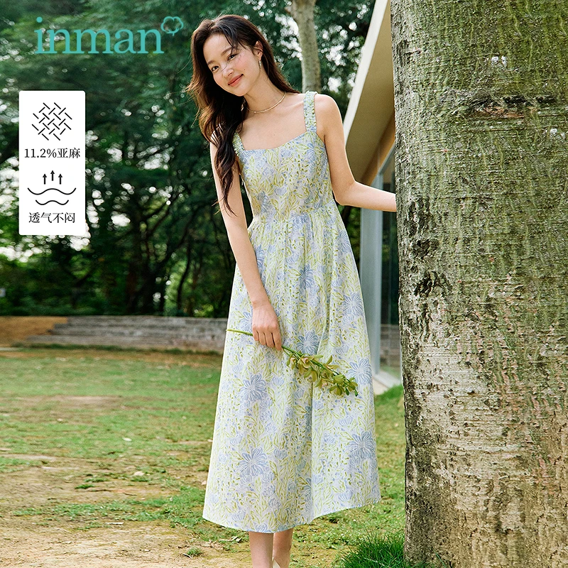 Inman 2025, novedad de verano, vestido camisola con estampado Floral de plantas de estilo francés para mujer, vestido de playa romántico de verano con cintura definida