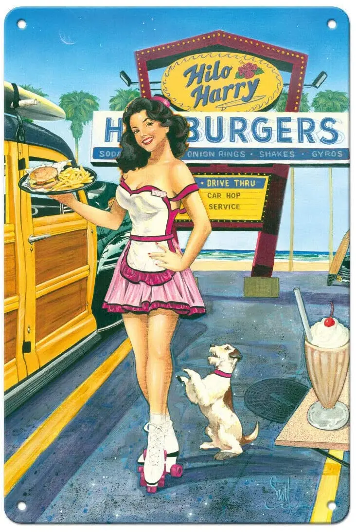 Metal Tin Sign Vintage Chic Art Decoration Car Hop Cutie - Retro Car and Pin-up Girl for Home Bar Cafe Farm Store Garage sign