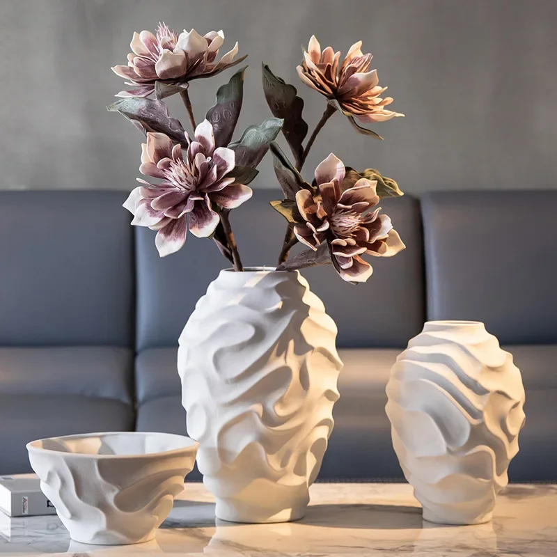 White Geometric Spiral Patterns Ceramic Vase Flowerpot Pallet Fruit Platter Flower Arrangement Accessories Home Decoration
