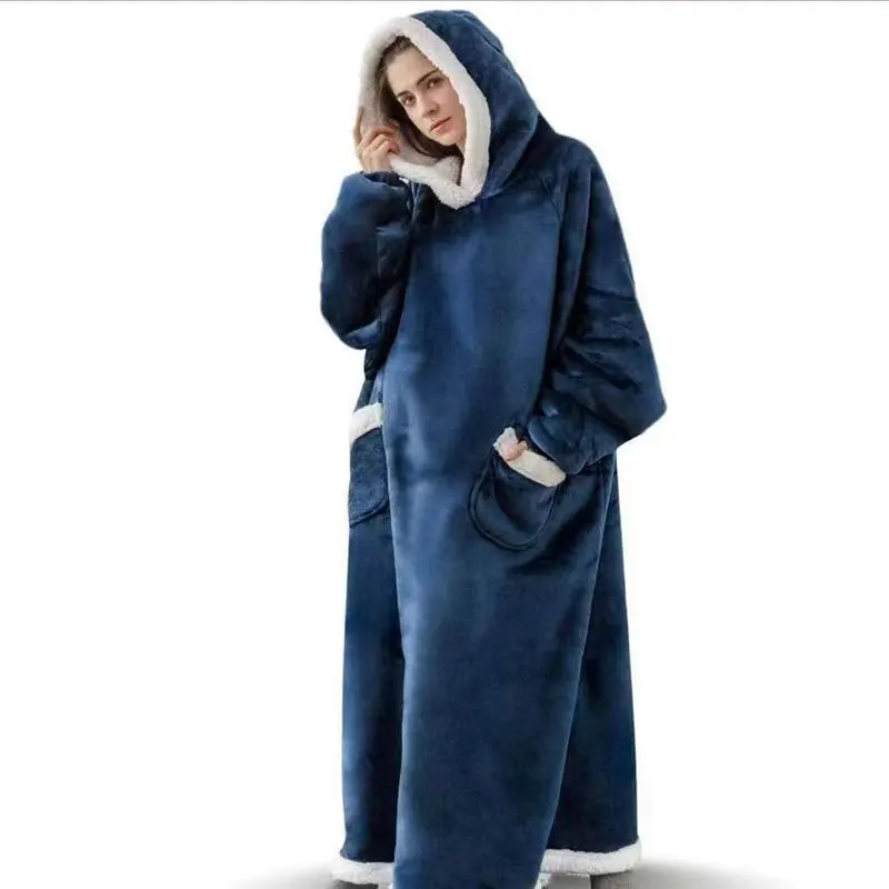 Winter Thick Blanket Extra Plush Hoodie Lengthened Large Pocket Imitation Cashmere Home Coat Fleece TV Blanket for Men and Women