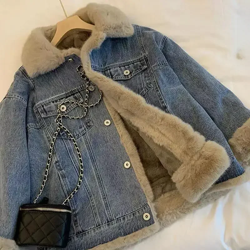 

Vintage Lamb Wool Denim Jacket Women's Loose-fit Autumn/winter Fleece-lined Thickened Casual Jacket