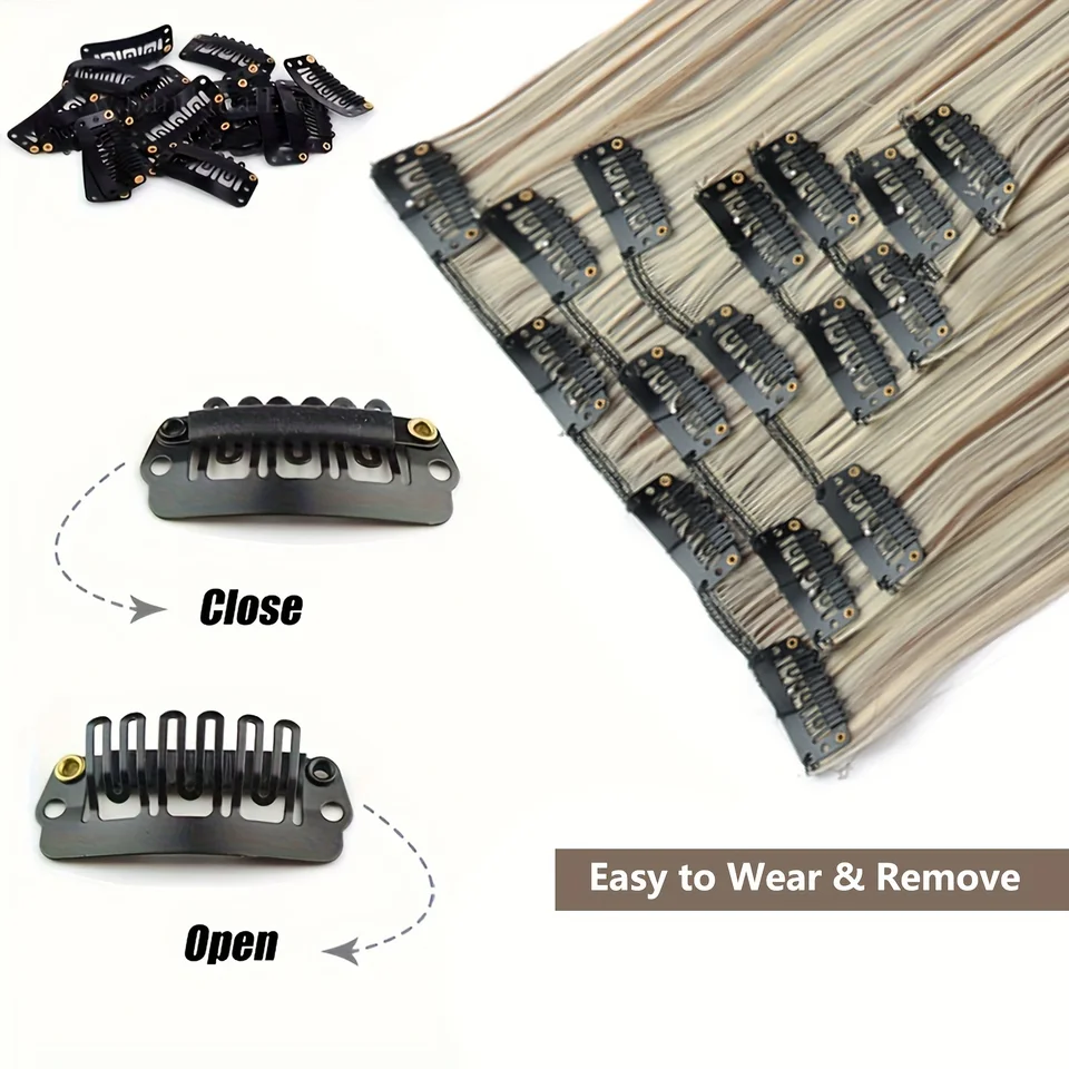 Estilo lacio largo, 16 clips, set de 7 piezas, extensiones de cabello sintético natural rubio y negro, resistente al calor para mujer 3