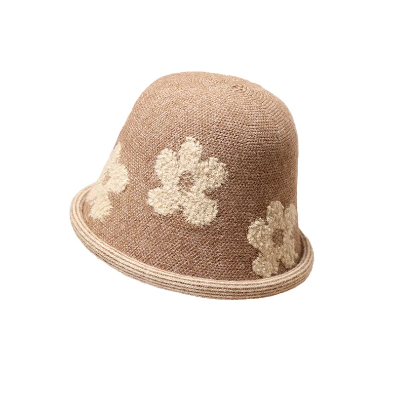 New Autumn/winter Knitted Flower Bucket Hat Warm Wool Rolled Rim Basin Hat