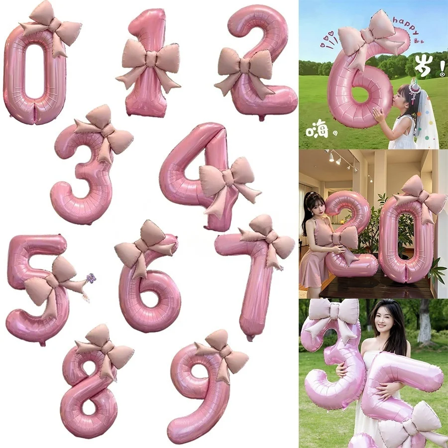 40inch Number 0-9 Pink Number Bowknot Bow Aluminum Foil Balloons for Women Girls Wedding Birthday Party Photo Props Supply